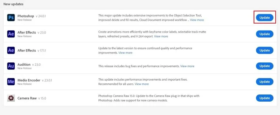 Creative Cloud > Updates