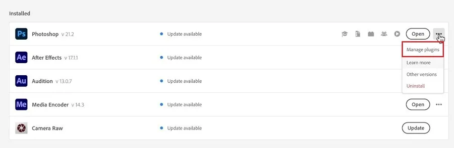 Creative Cloud > Installed Apps > Manage Plugins