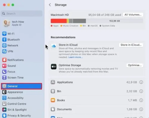 System Settings > General > Storage
