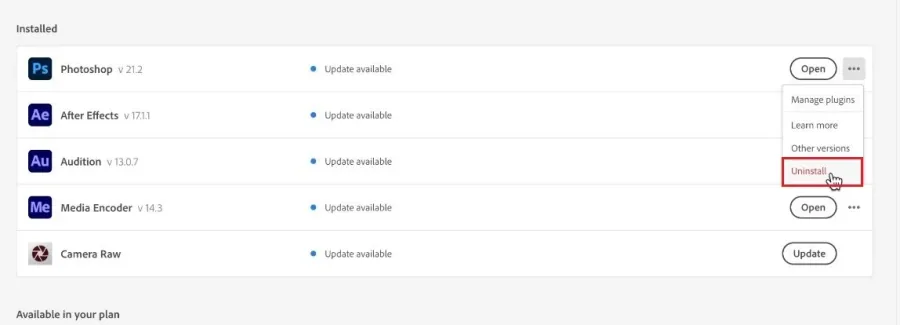 Creative Cloud > Installed Apps > Uninstall