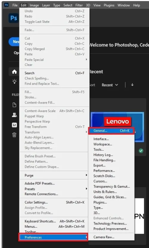 Photoshop > Edit > Preferences