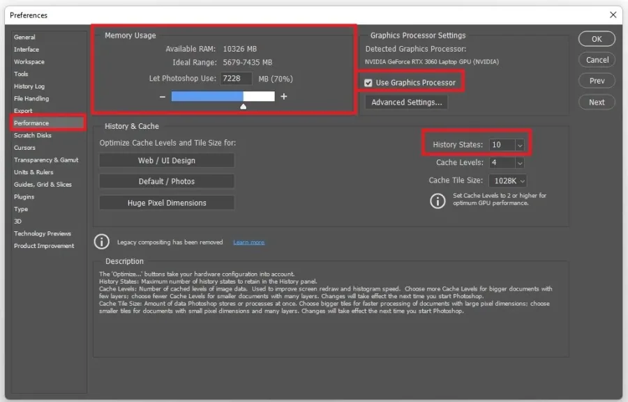 Photoshop Preferences > Performance > Memory Usage
