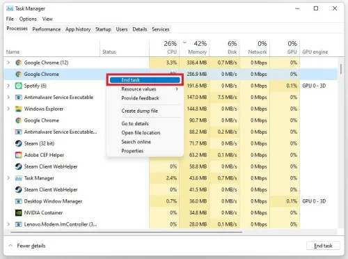 Task Manager > Processes > End Task