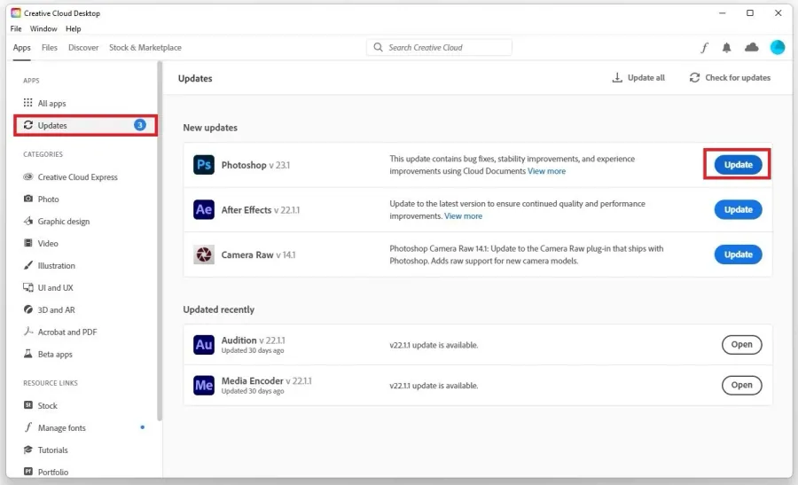 Creative Cloud > Updates