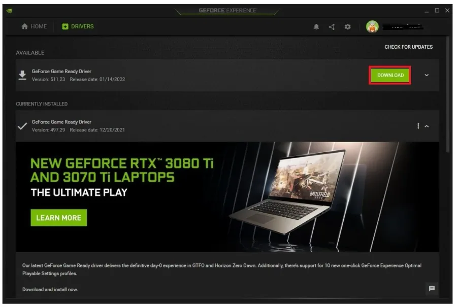 GeForce Experience > Drivers > Download