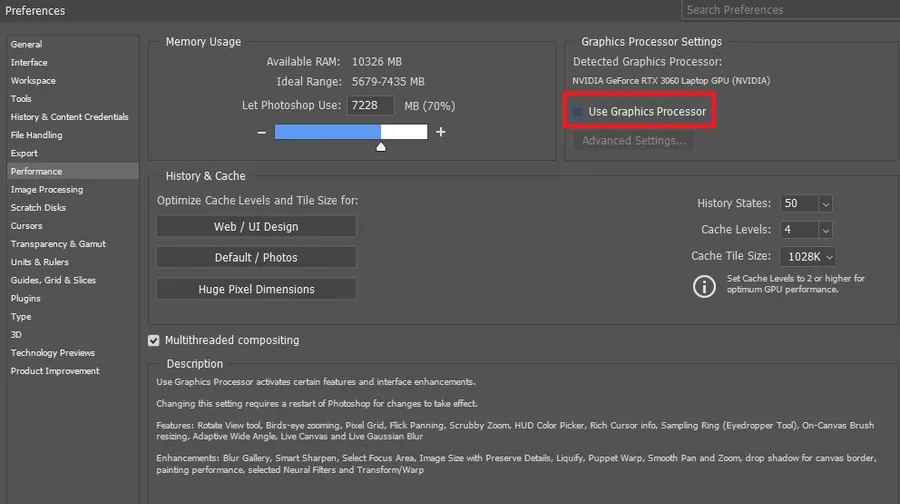 Photoshop Preferences > Performance > Graphics Processor Settings