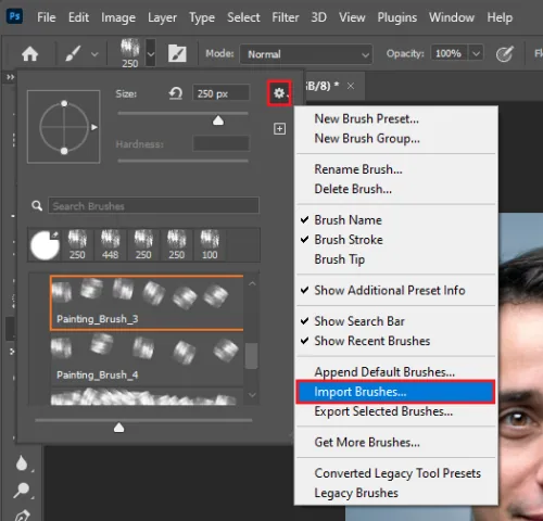 Brush Panel > Settings > Import Brushes