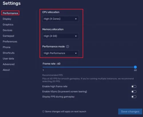 BlueStacks Settings > Performance