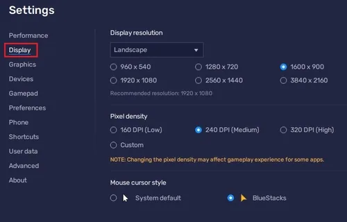 BlueStacks Settings > Display
