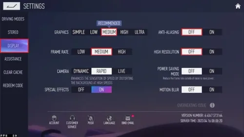 ace racer display settings