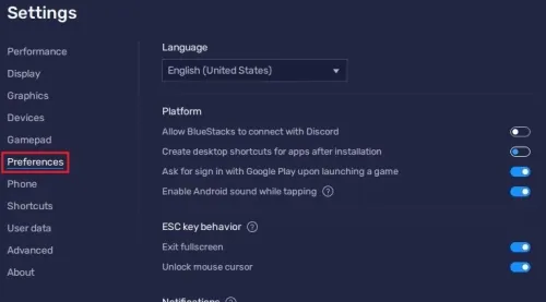 BlueStacks Settings > Preferences