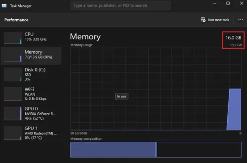 Task Manager > Performance > Memory