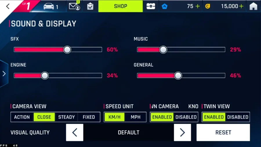 Asphalt 9: Legends Sound & Display Settings