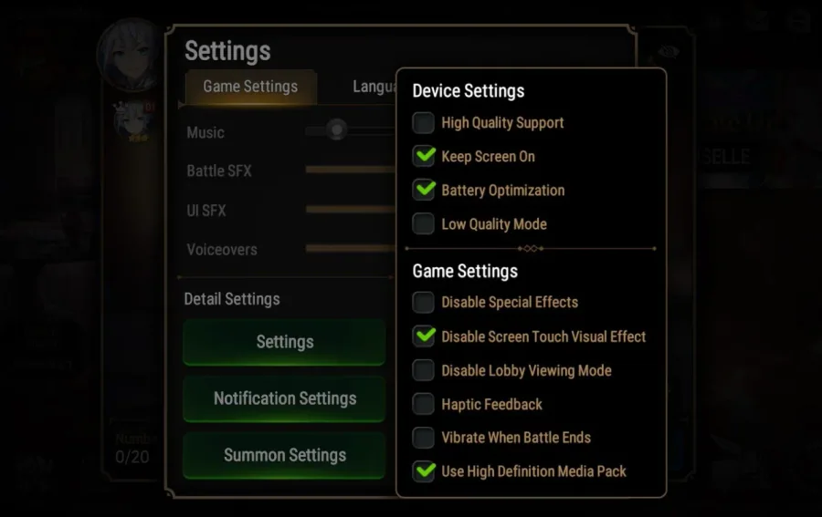 Epic Seven Device Settings