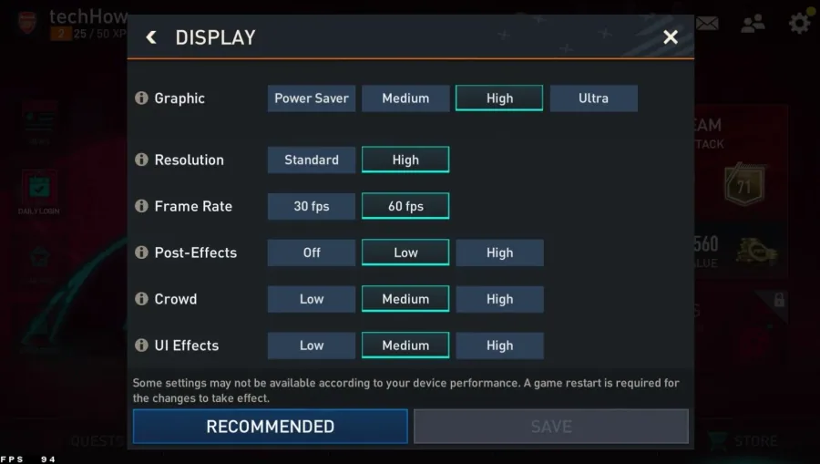 FIFA Mobile Display & Graphics Settings