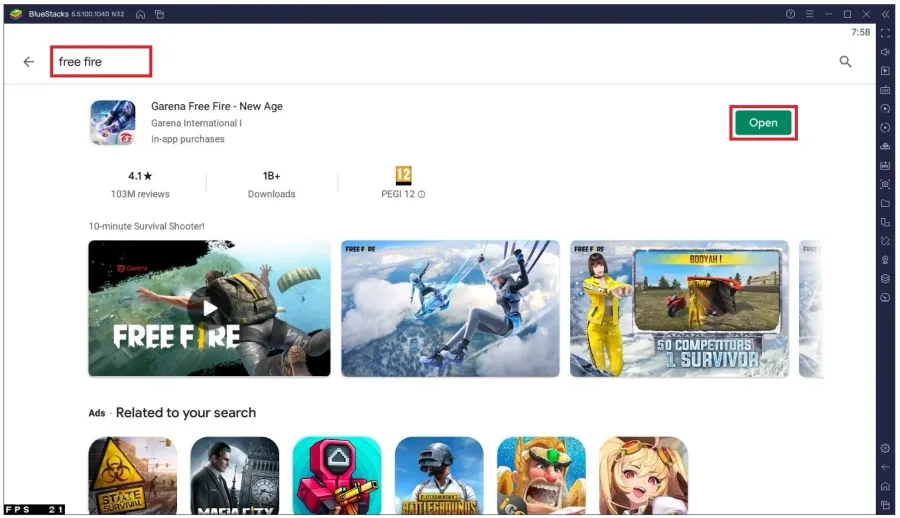Download and install Free Fire to the BlueStacks emulator