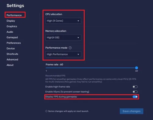 BlueStacks Settings > Performance