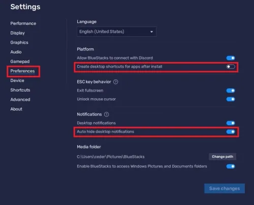 BlueStacks Settings > Preferences