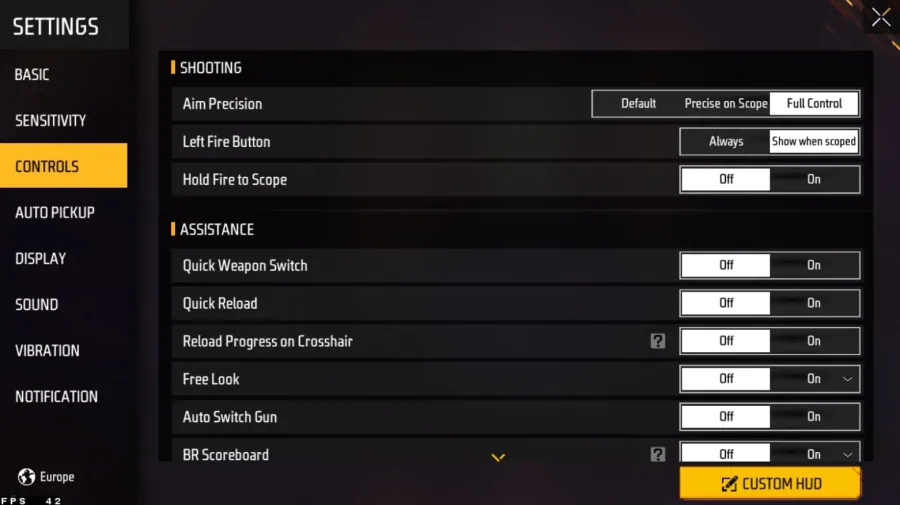 Free Fire Settings > Controls