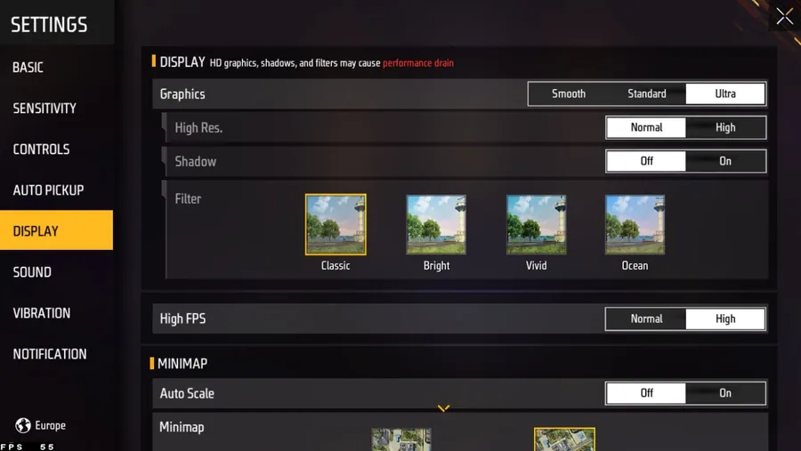 free fire display settings