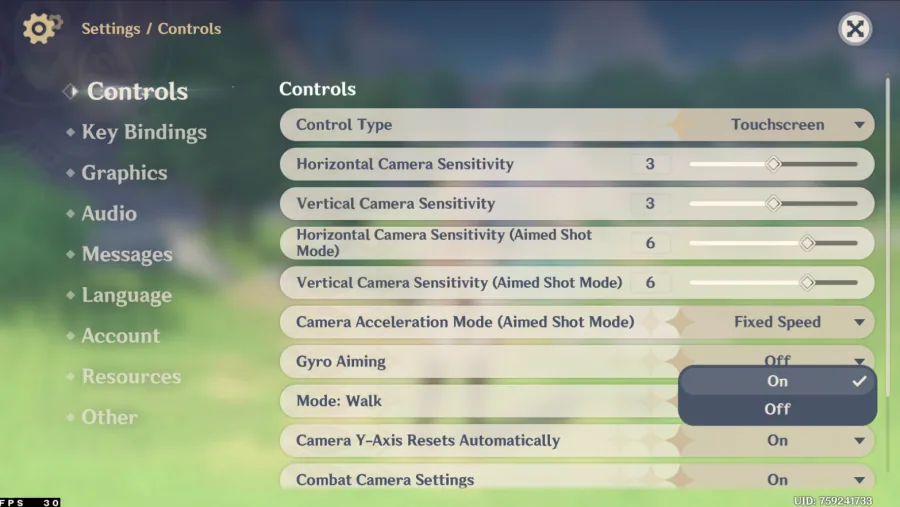gensin impact controls settings