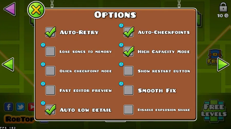 Geometry Dash In-Game Settings