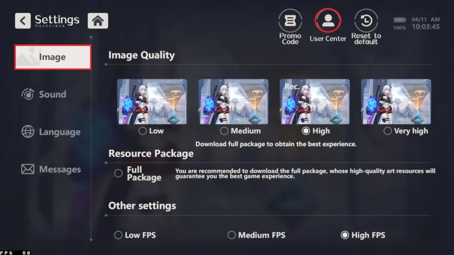 Higan: Eruthyll in game settings
