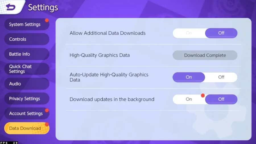 Pokémon Unite Data Download Settings