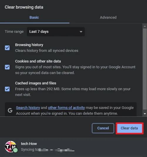 clear the Chrome browsing data