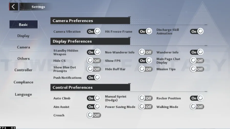 Tower of Fantasy Basic Settings