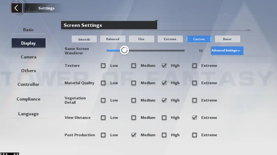 TOF Advanced Display Settings
