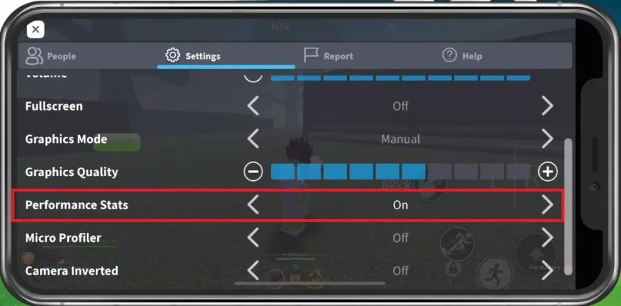 Roblox Settings > Performance Stats