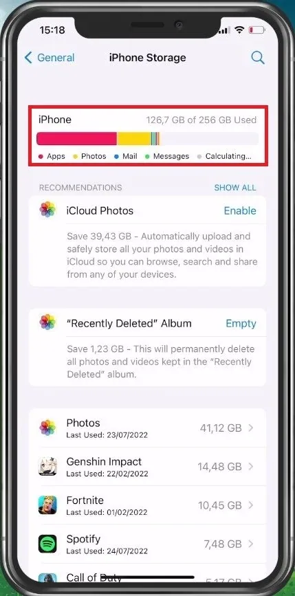 iPhone Settings > General > iPhone Storage