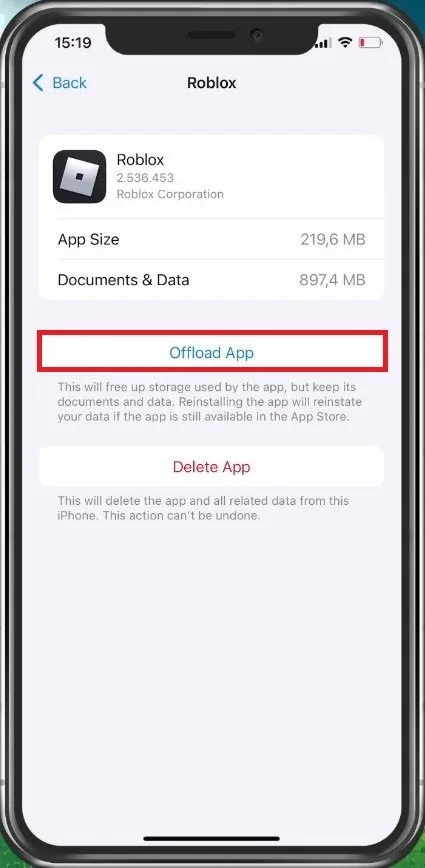 iPhone Storage Settings > Roblox > Offload App