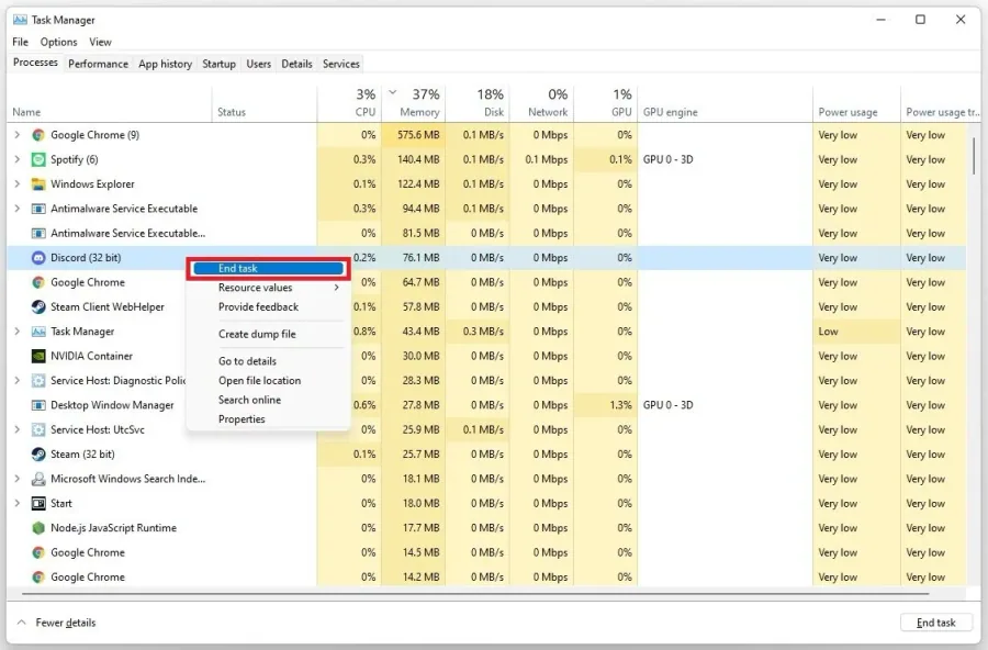 Task Manager > Processes > End Task