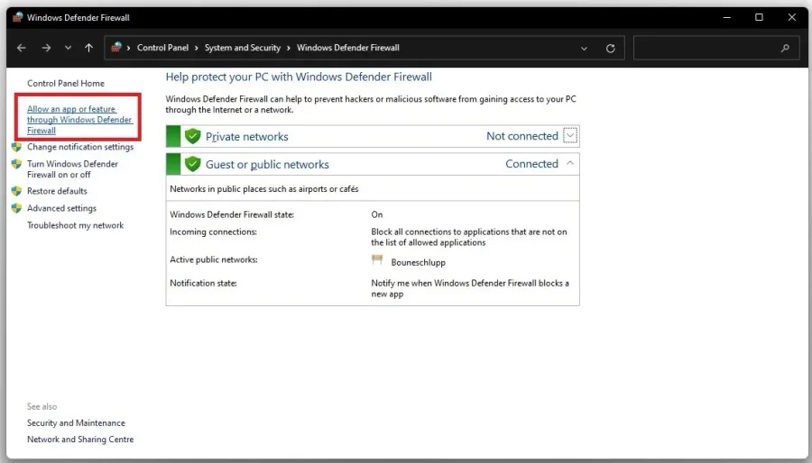 Windows Defender Firewall > Allow an App through Firewall