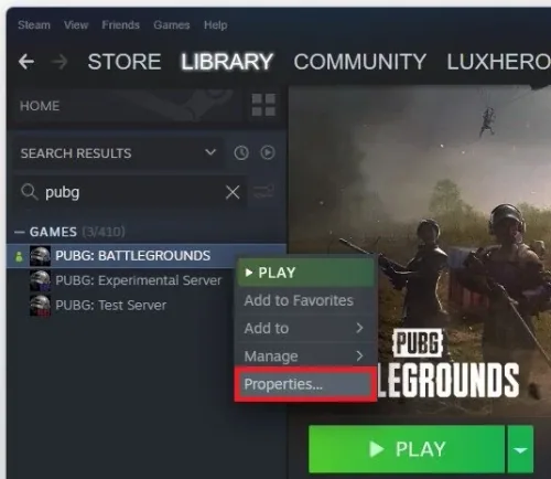 Steam Library > PUBG > Properties