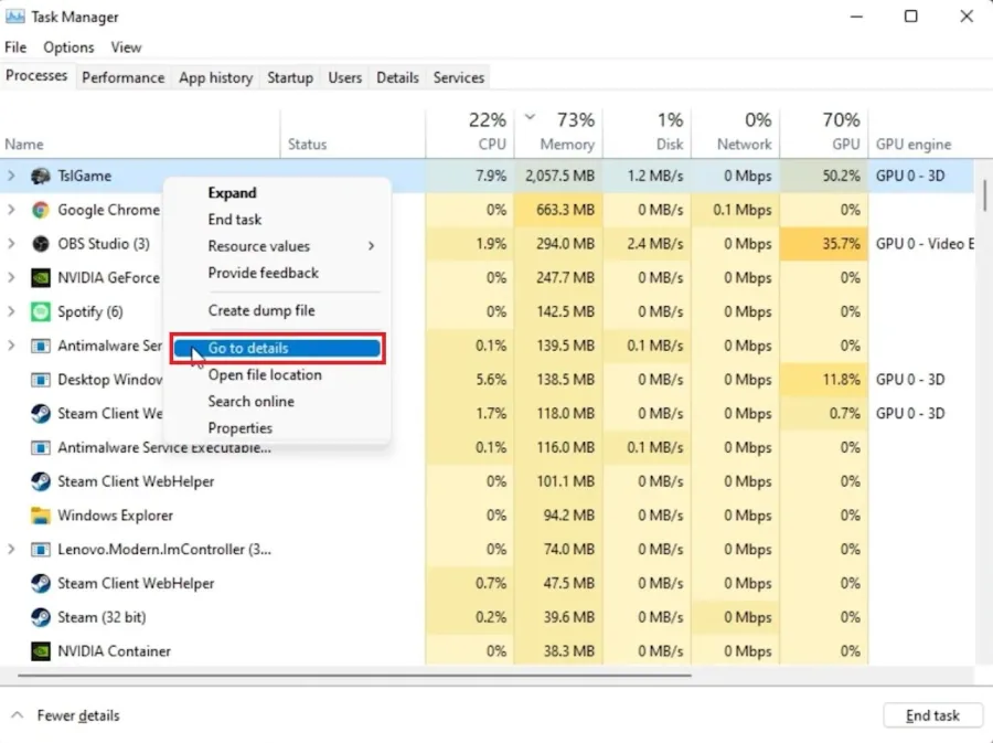 Task Manager > Processes > TslGame > Go To Details