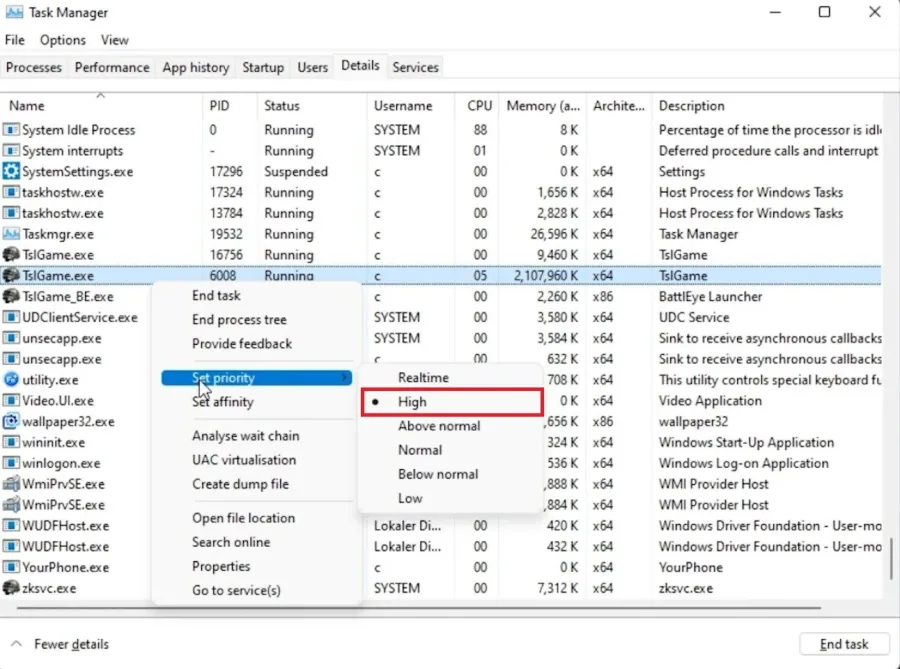 Task Manager > Details > TslGame.exe > Set Priority