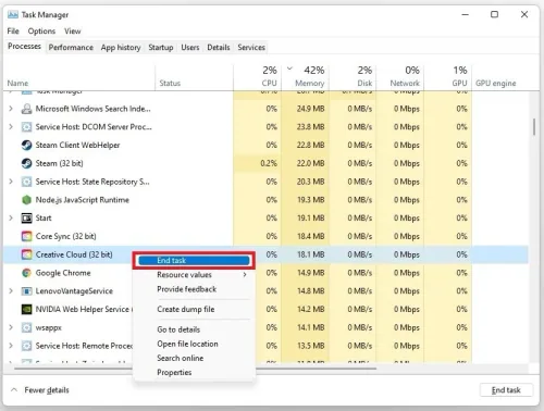 Task Manager > Processes > End Task