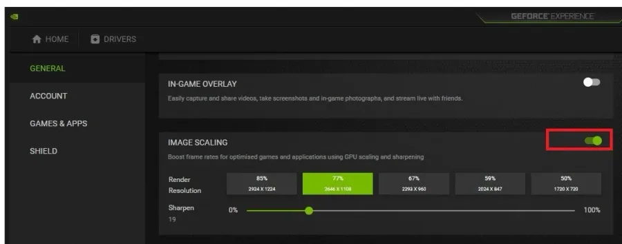 GeForce Experience > General Settings > Image Scaling