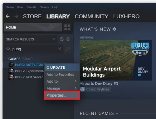 Steam Library > PUBG > Properties