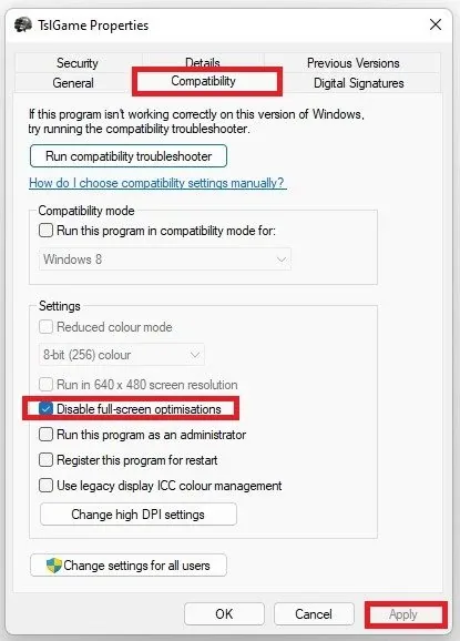 TslGameProperties > Disable Fullscreen Optimization