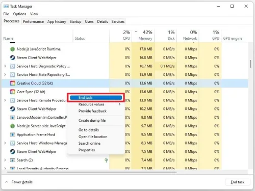 Task Manager > Processes > End Task