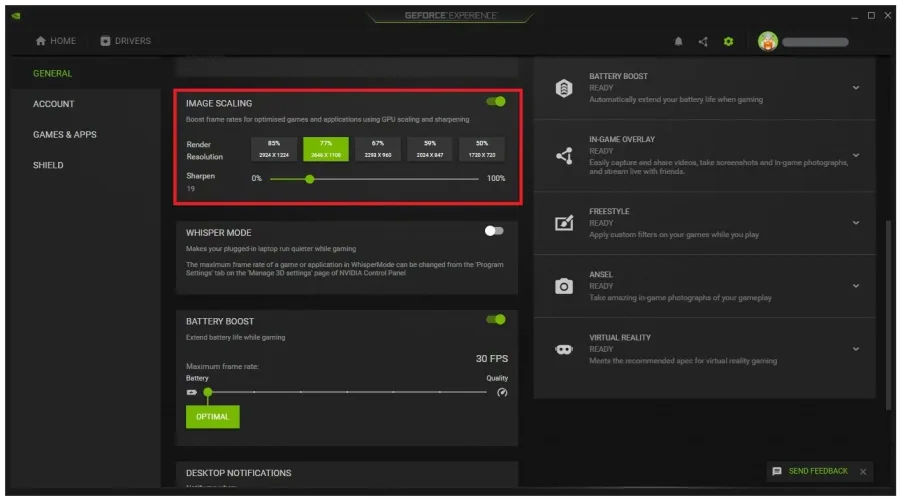 GeForce Experience > General Settings > Image Scaling