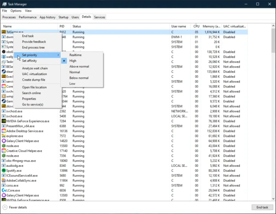 Don’t change the priority to High in case the game is already using up 100% of your CPU capabilities.