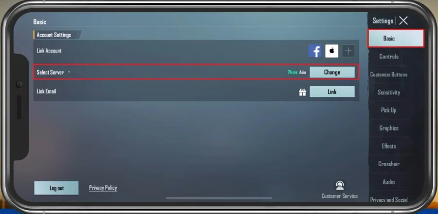 PUBG Basic Settings > Select Server