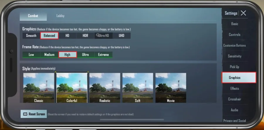 PUBG Mobile Settings > Graphics