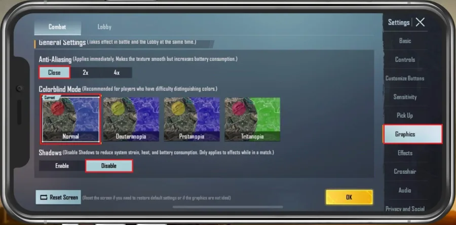 PUBG Mobile Settings > Graphics > Anti-Aliasing