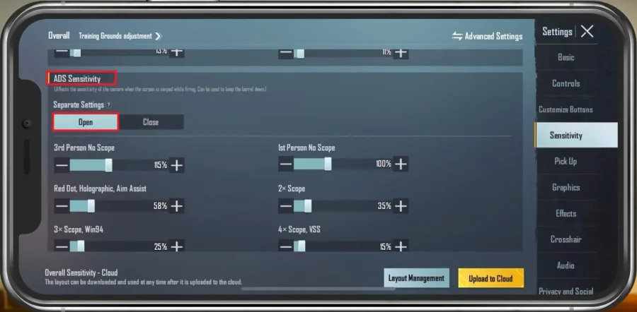 PUBG Mobile Settings > Sensitivity > ADS Sensitivity